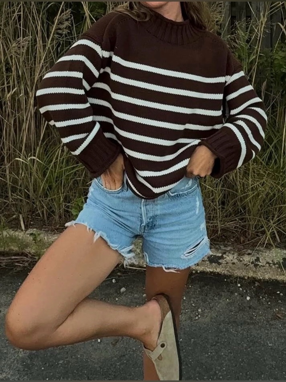 J.Crew 2025 Brown white striped rollneck cotton sweater medium M